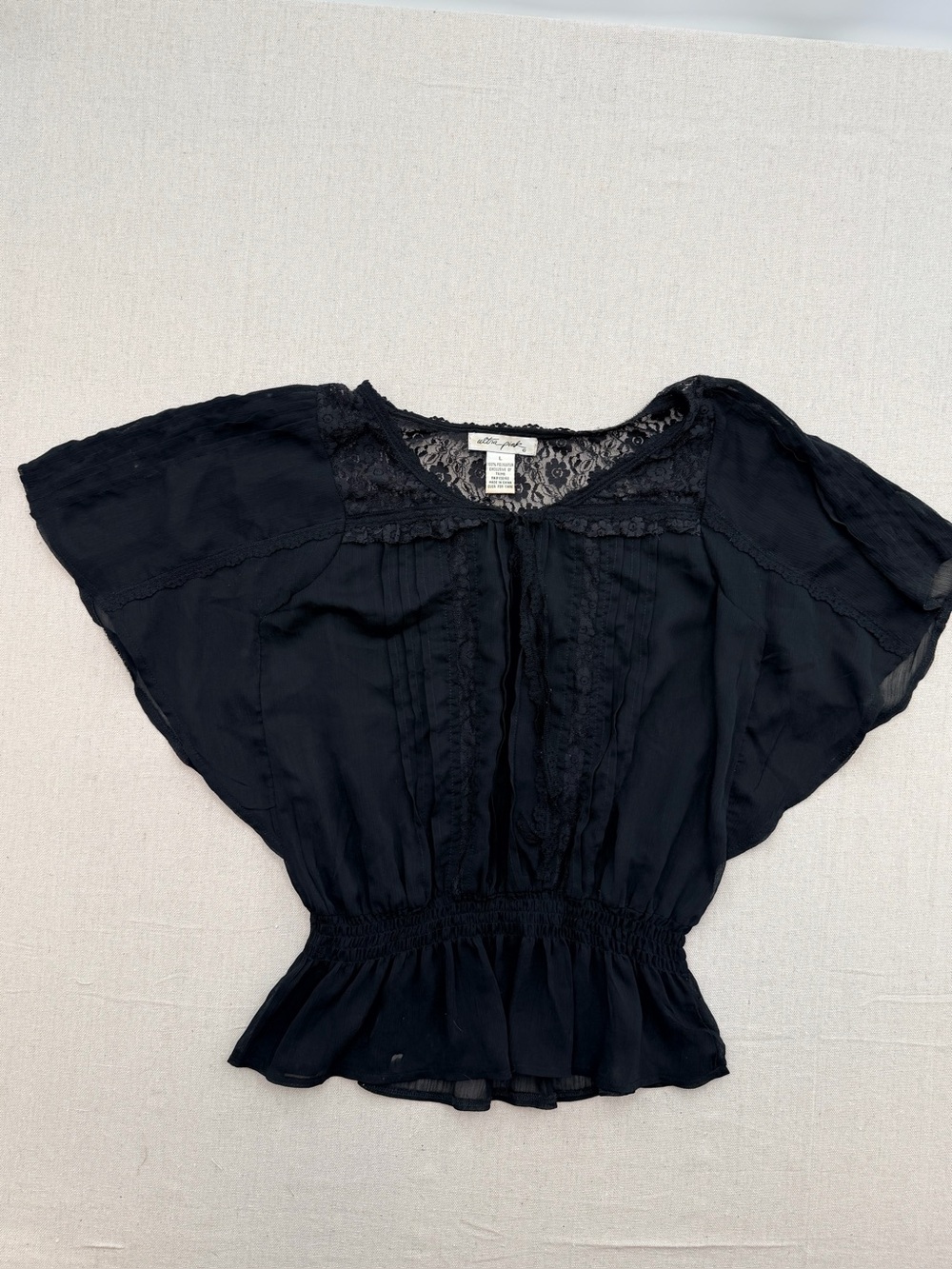 Ultra Pink Black Lace Yoke Peasant Top